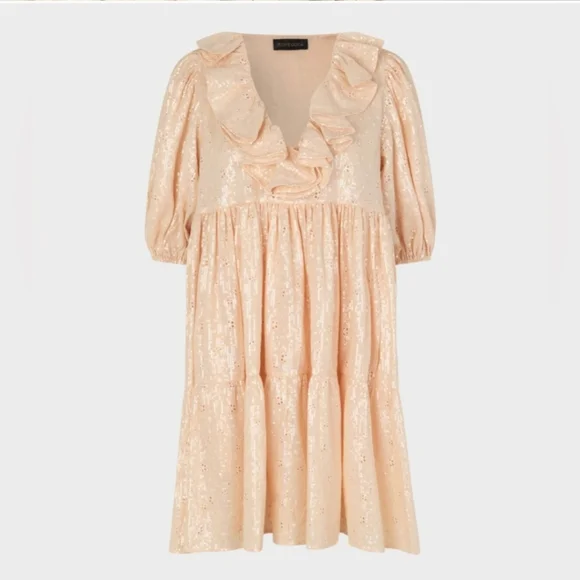 NWT Stine Goya Imperio Peach Sequin Ruffle Puff Sleeve Mini Dress XS - Picture 4 of 8